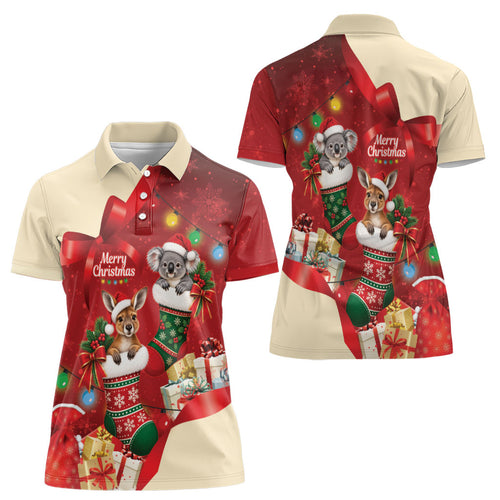 Kangaroo Koala Cockatoo Christmas Australia Women Polo Shirt Aussie Xmas Sock Coquette Bow