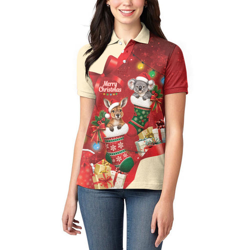Kangaroo Koala Cockatoo Christmas Australia Women Polo Shirt Aussie Xmas Sock Coquette Bow