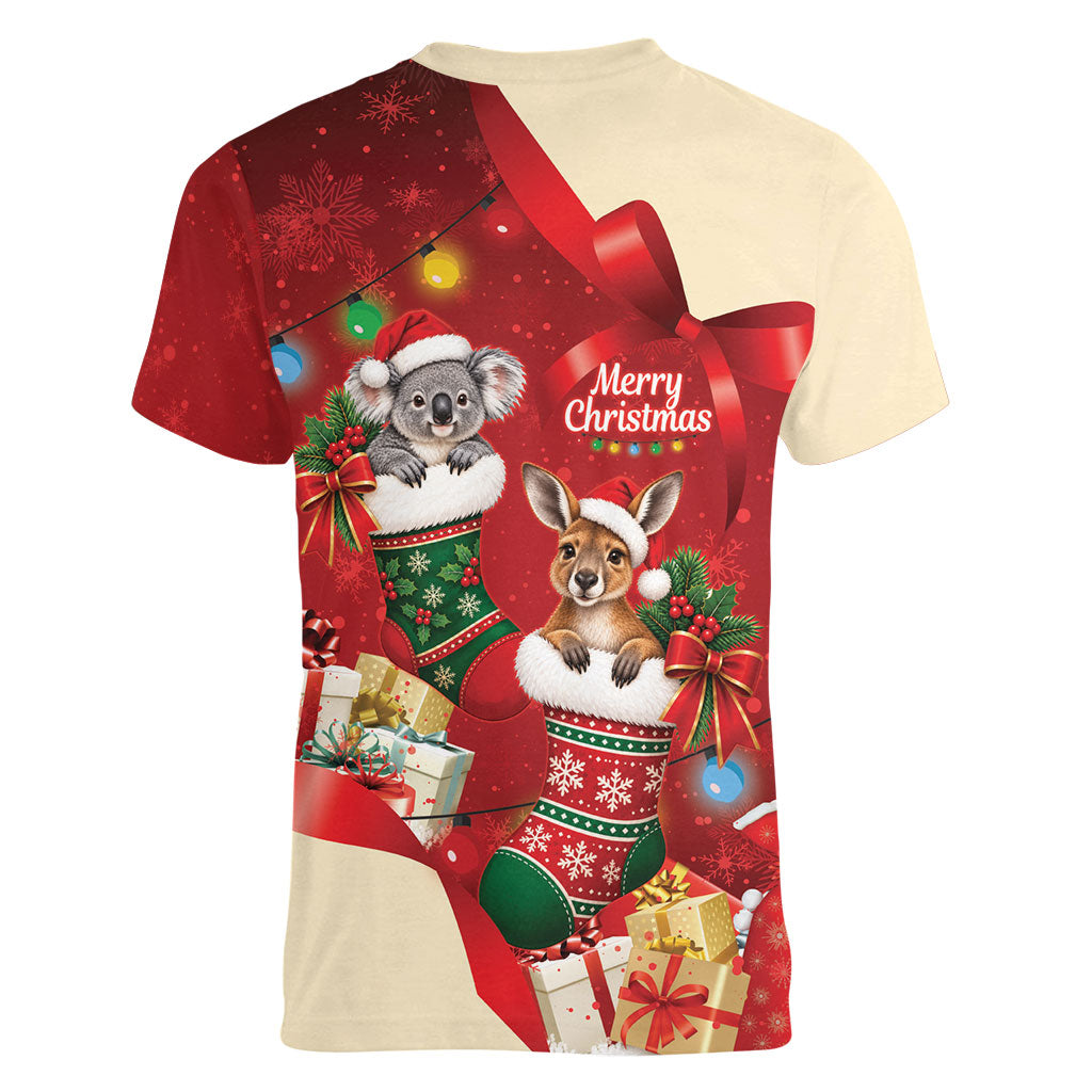Kangaroo Koala Cockatoo Christmas Australia Women V-Neck T-Shirt Aussie Xmas Sock Coquette Bow