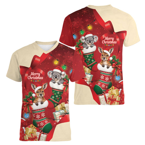 Kangaroo Koala Cockatoo Christmas Australia Women V-Neck T-Shirt Aussie Xmas Sock Coquette Bow