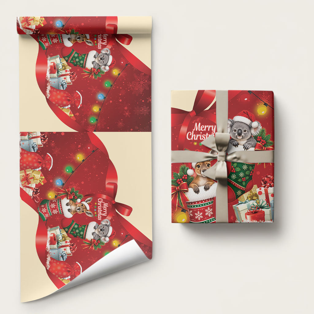 Kangaroo Koala Cockatoo Christmas Australia Wrapping Paper Aussie Xmas Sock Coquette Bow