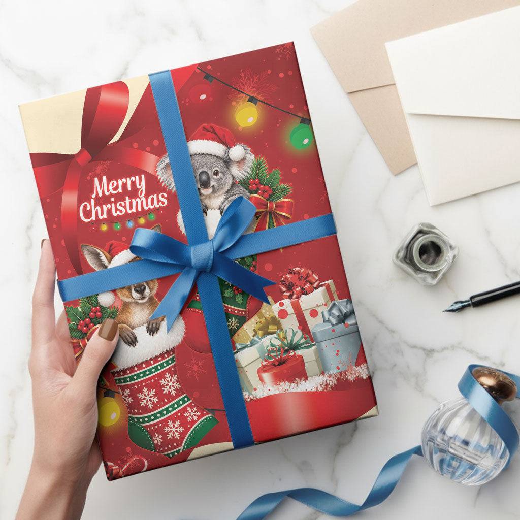 Kangaroo Koala Cockatoo Christmas Australia Wrapping Paper Aussie Xmas Sock Coquette Bow