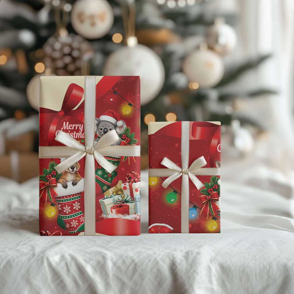 Kangaroo Koala Cockatoo Christmas Australia Wrapping Paper Aussie Xmas Sock Coquette Bow