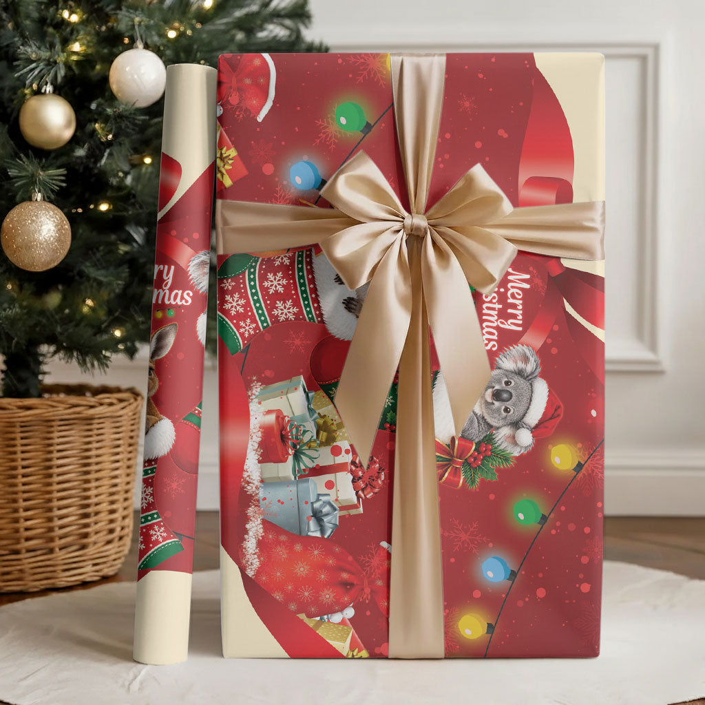 Kangaroo Koala Cockatoo Christmas Australia Wrapping Paper Aussie Xmas Sock Coquette Bow