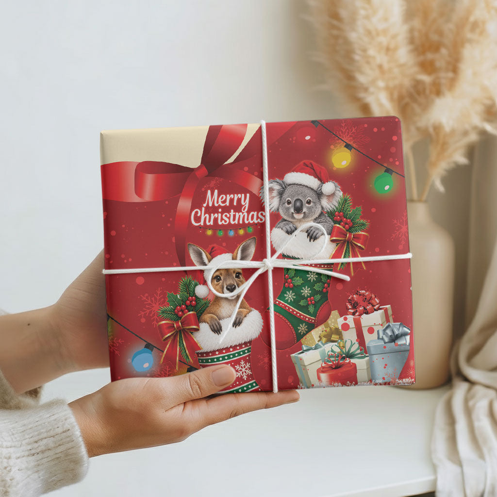 Kangaroo Koala Cockatoo Christmas Australia Wrapping Paper Aussie Xmas Sock Coquette Bow