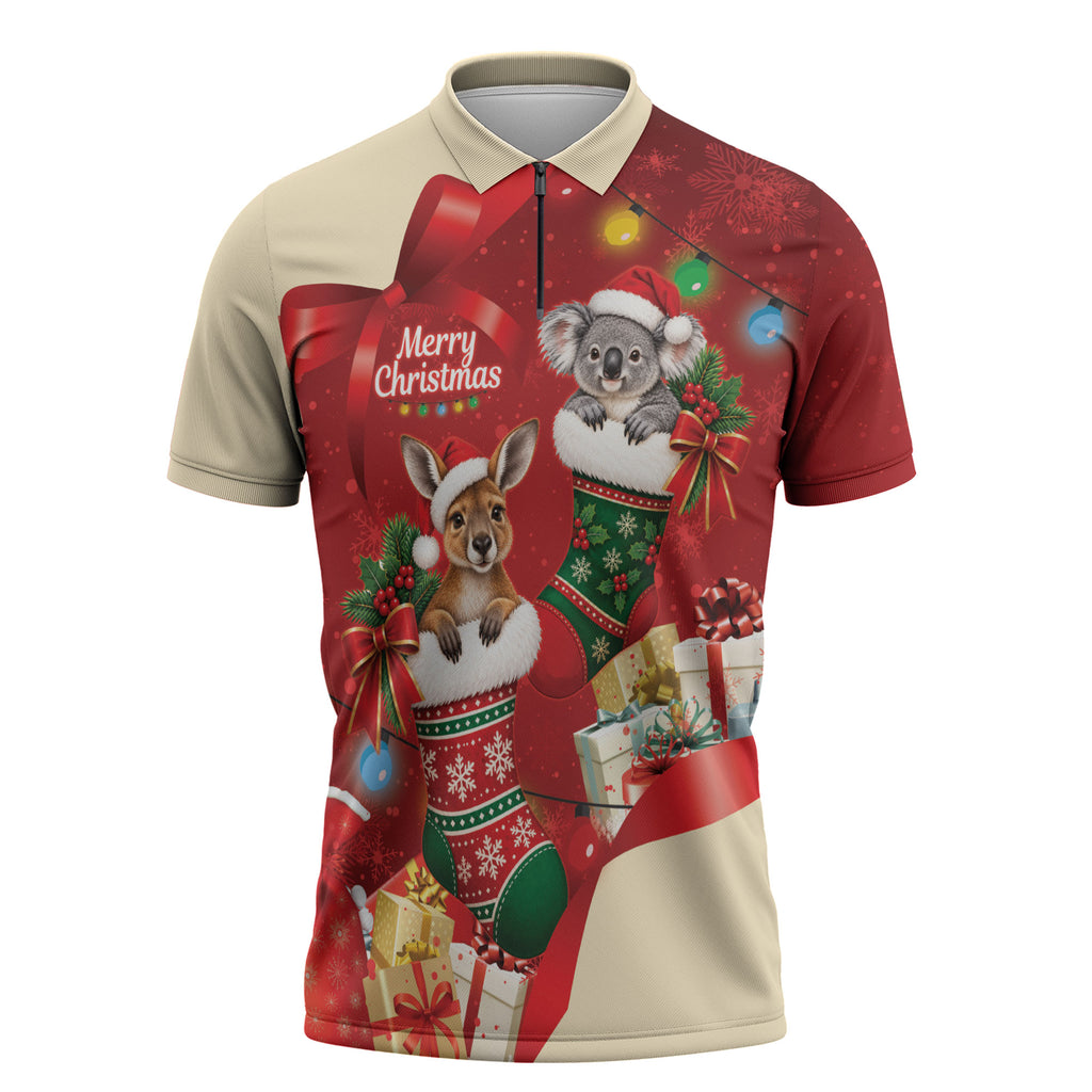Kangaroo Koala Cockatoo Christmas Australia Zipper Polo Shirt Aussie Xmas Sock Coquette Bow