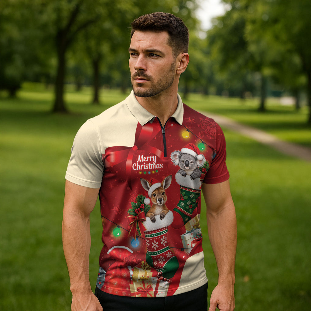 Kangaroo Koala Cockatoo Christmas Australia Zipper Polo Shirt Aussie Xmas Sock Coquette Bow