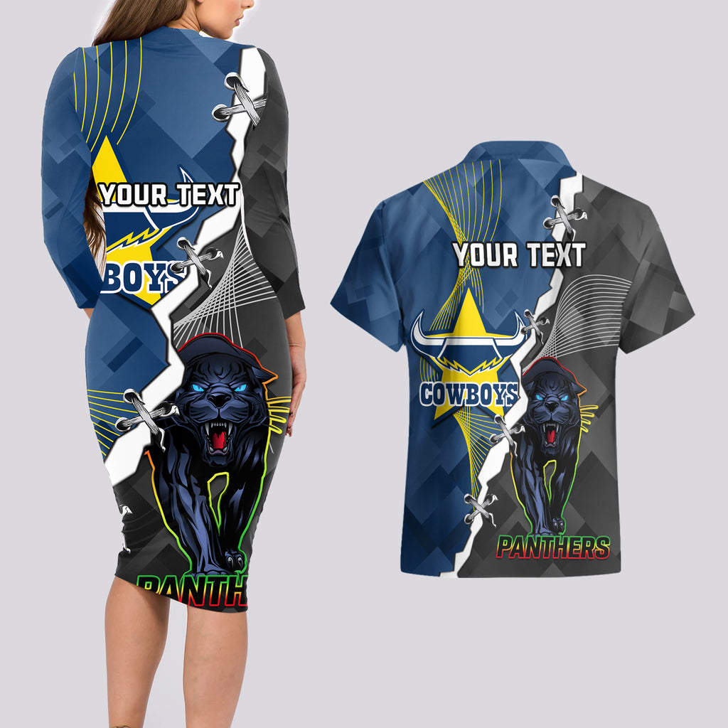 personalised-panthers-and-cowboys-rugby-couples-matching-long-sleeve-bodycon-dress-and-hawaiian-shirt-sporty-version