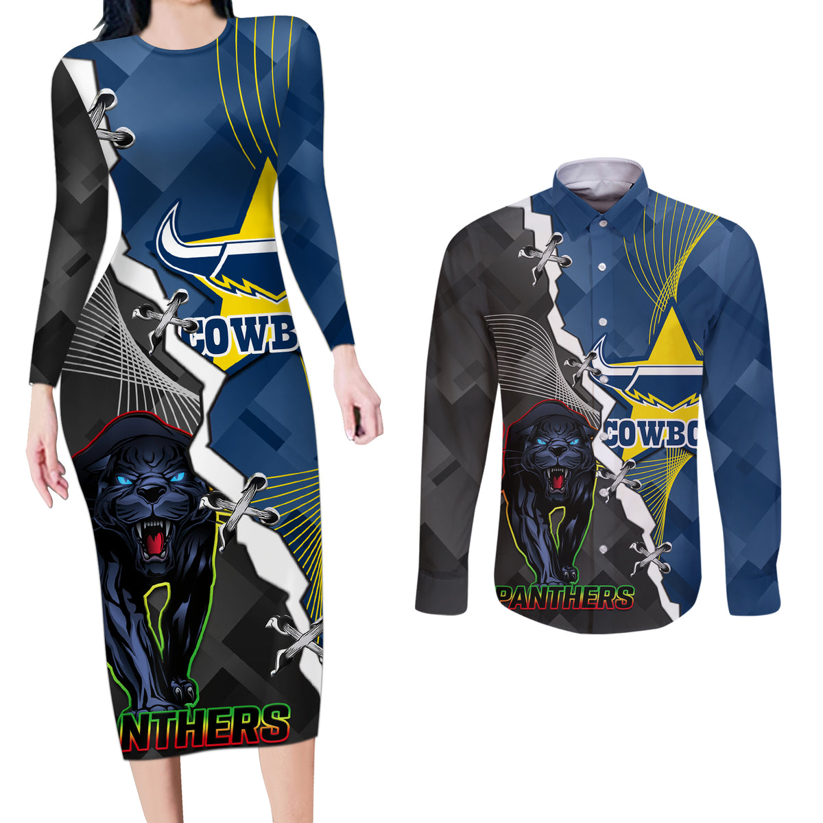 personalised-panthers-and-cowboys-rugby-couples-matching-long-sleeve-bodycon-dress-and-long-sleeve-button-shirts-sporty-version