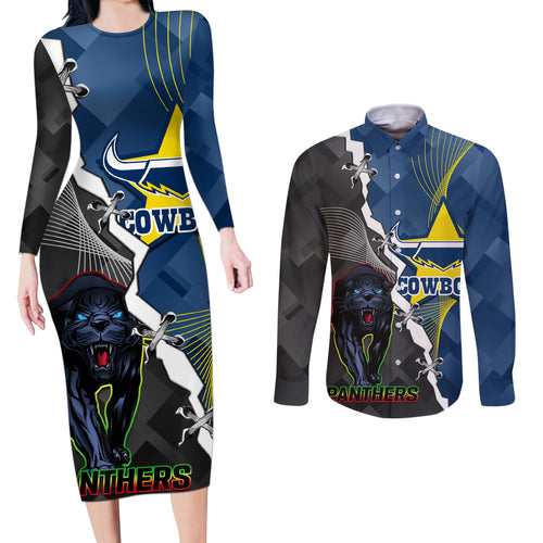personalised-panthers-and-cowboys-rugby-couples-matching-long-sleeve-bodycon-dress-and-long-sleeve-button-shirts-sporty-version