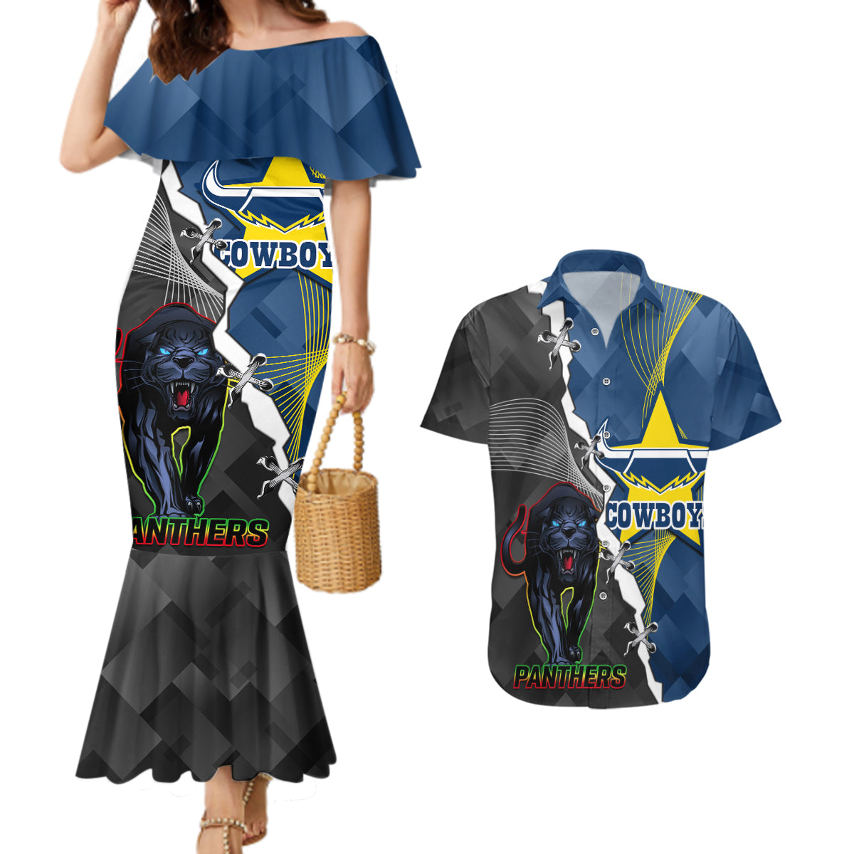 personalised-panthers-and-cowboys-rugby-couples-matching-mermaid-dress-and-hawaiian-shirt-sporty-version