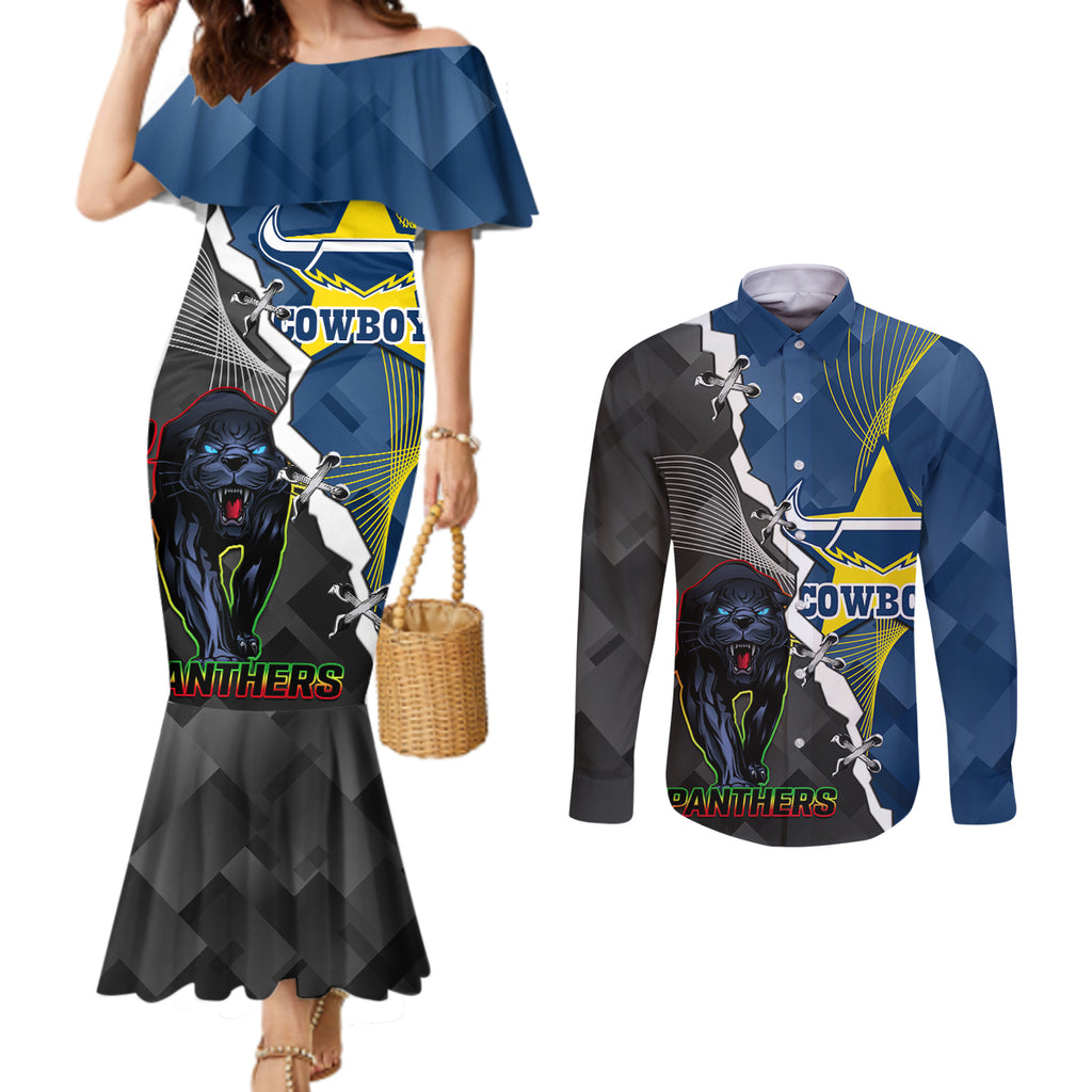 personalised-panthers-and-cowboys-rugby-couples-matching-mermaid-dress-and-long-sleeve-button-shirts-sporty-version