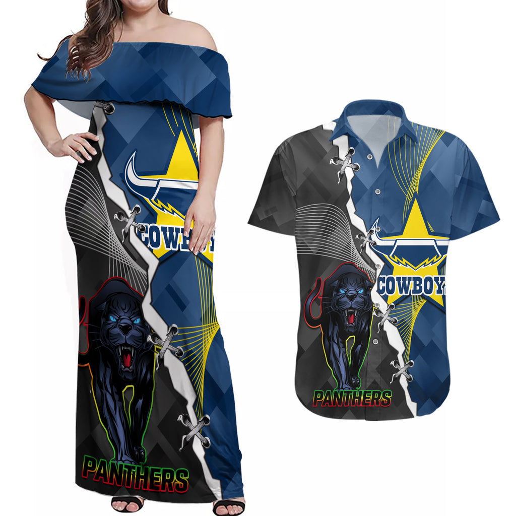 personalised-panthers-and-cowboys-rugby-couples-matching-off-shoulder-maxi-dress-and-hawaiian-shirt-sporty-version