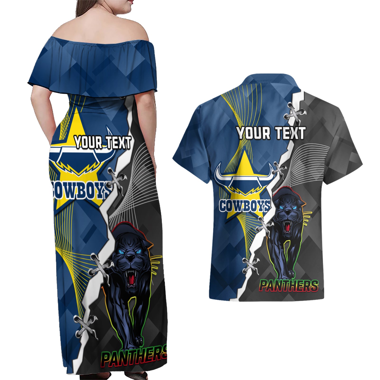 personalised-panthers-and-cowboys-rugby-couples-matching-off-shoulder-maxi-dress-and-hawaiian-shirt-sporty-version