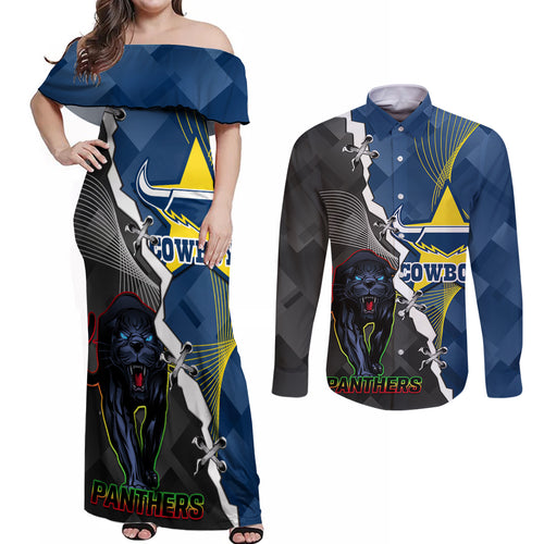 personalised-panthers-and-cowboys-rugby-couples-matching-off-shoulder-maxi-dress-and-long-sleeve-button-shirts-sporty-version