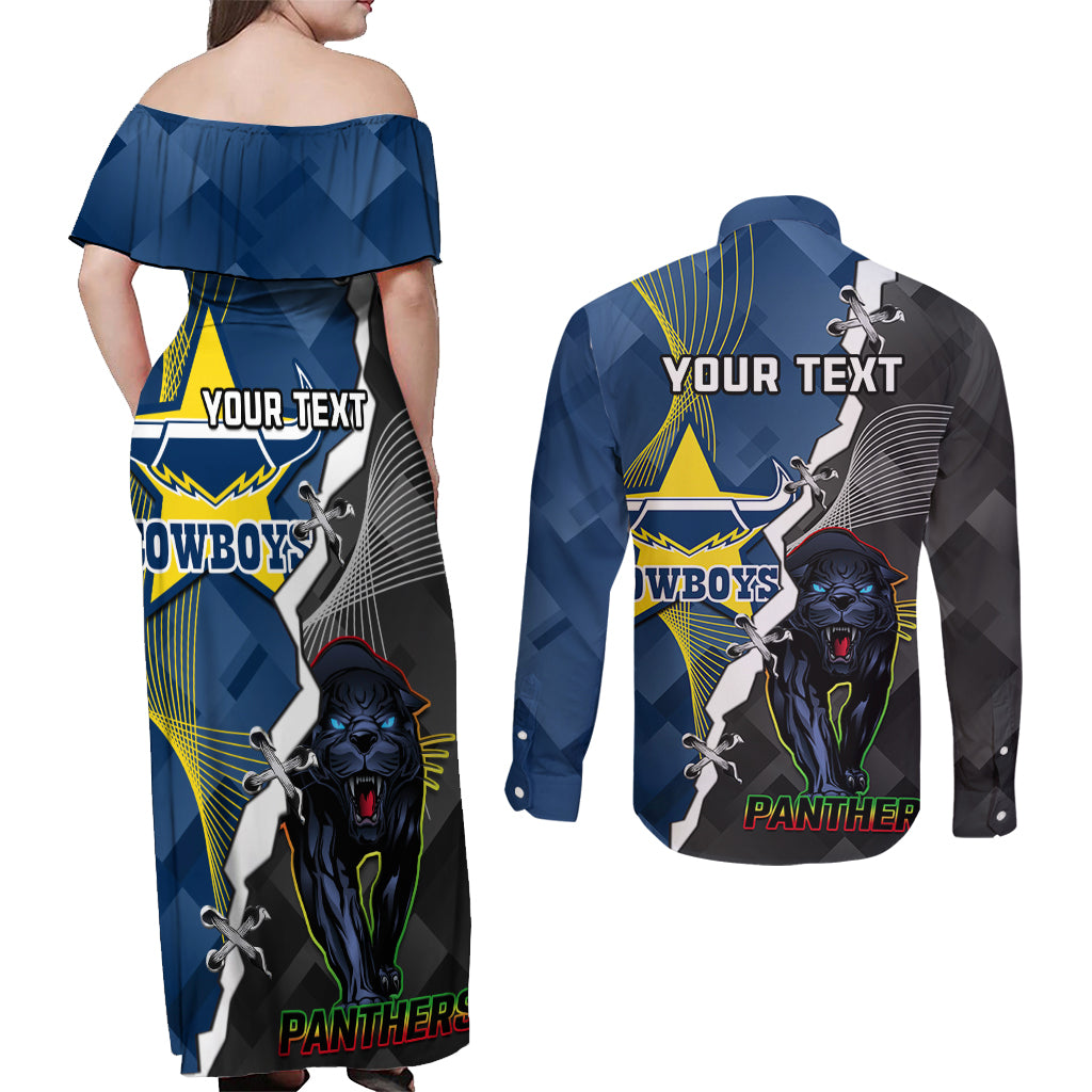 personalised-panthers-and-cowboys-rugby-couples-matching-off-shoulder-maxi-dress-and-long-sleeve-button-shirts-sporty-version