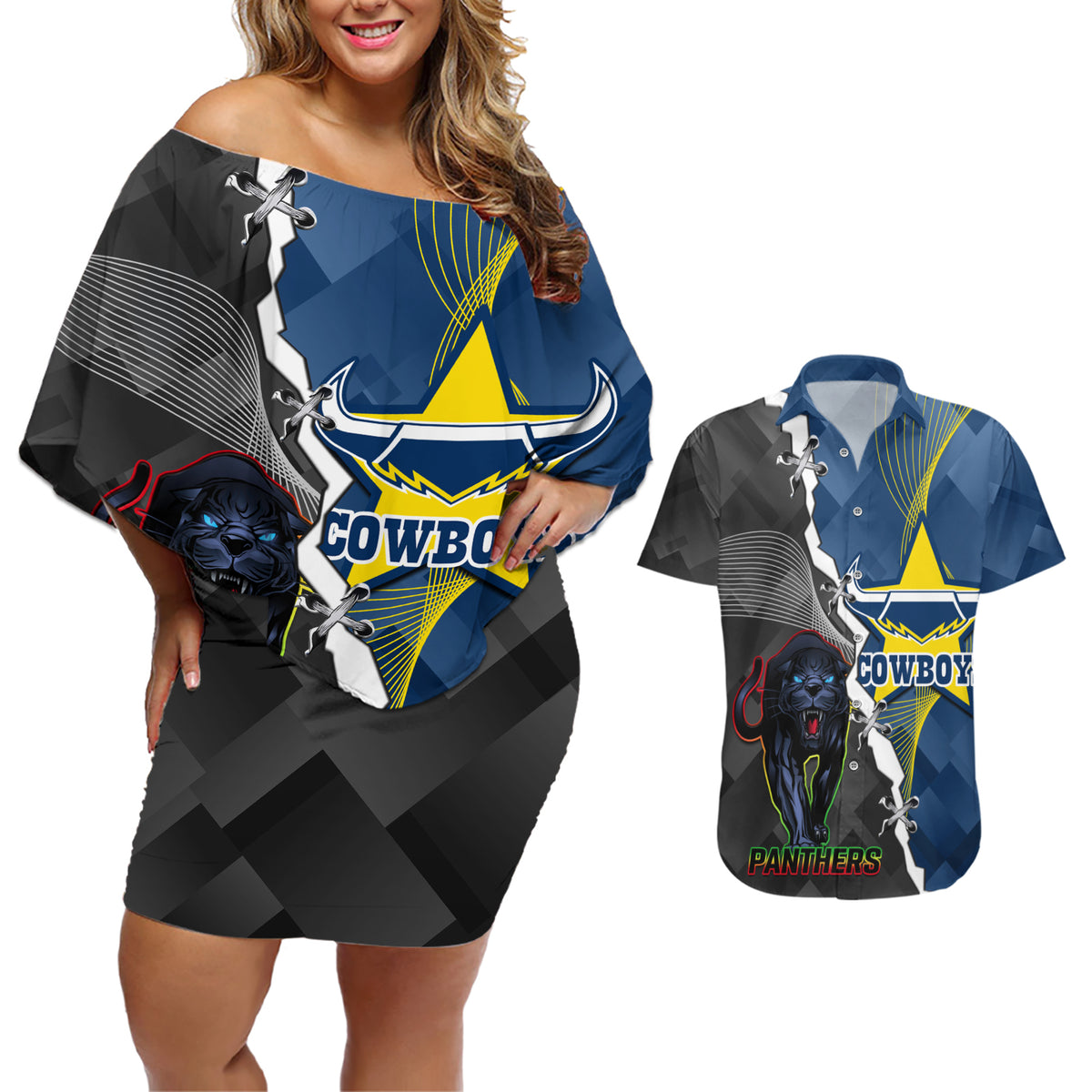 personalised-panthers-and-cowboys-rugby-couples-matching-off-shoulder-short-dress-and-hawaiian-shirt-sporty-version