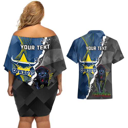 personalised-panthers-and-cowboys-rugby-couples-matching-off-shoulder-short-dress-and-hawaiian-shirt-sporty-version