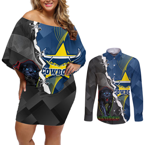 personalised-panthers-and-cowboys-rugby-couples-matching-off-shoulder-short-dress-and-long-sleeve-button-shirts-sporty-version
