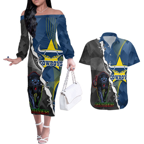 personalised-panthers-and-cowboys-rugby-couples-matching-off-the-shoulder-long-sleeve-dress-and-hawaiian-shirt-sporty-version