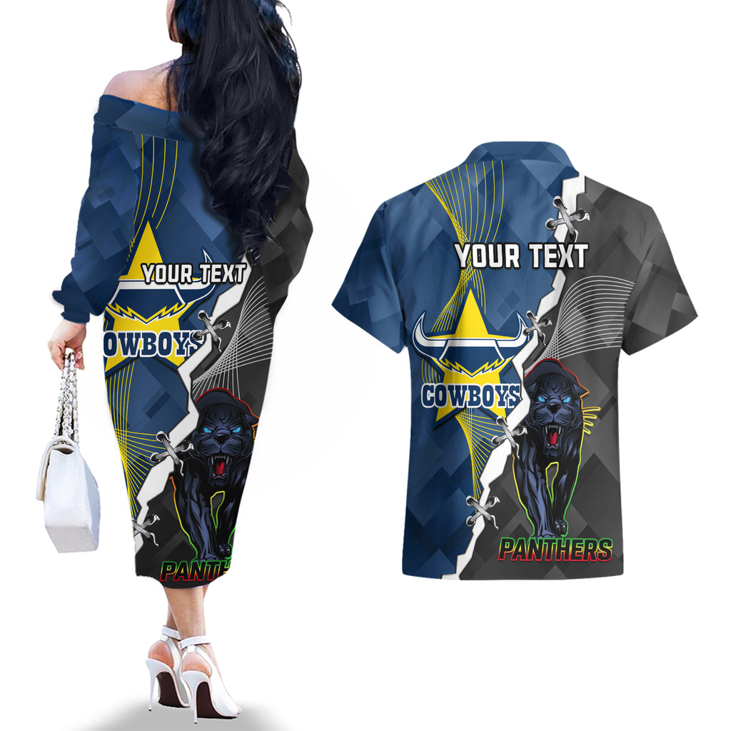 personalised-panthers-and-cowboys-rugby-couples-matching-off-the-shoulder-long-sleeve-dress-and-hawaiian-shirt-sporty-version