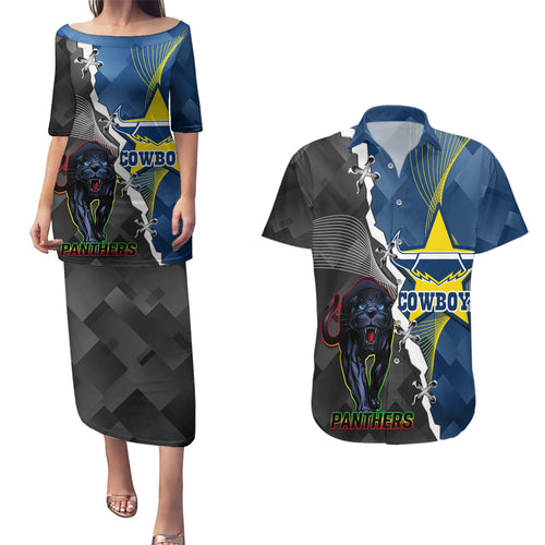 personalised-panthers-and-cowboys-rugby-couples-matching-puletasi-dress-and-hawaiian-shirt-sporty-version