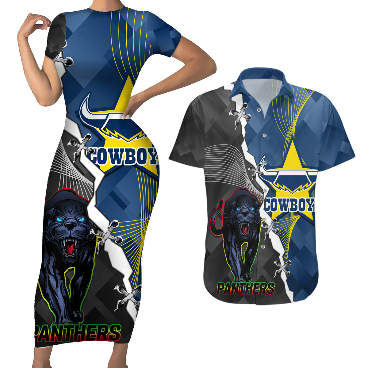 personalised-panthers-and-cowboys-rugby-couples-matching-short-sleeve-bodycon-dress-and-hawaiian-shirt-sporty-version