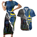 personalised-panthers-and-cowboys-rugby-couples-matching-short-sleeve-bodycon-dress-and-hawaiian-shirt-sporty-version