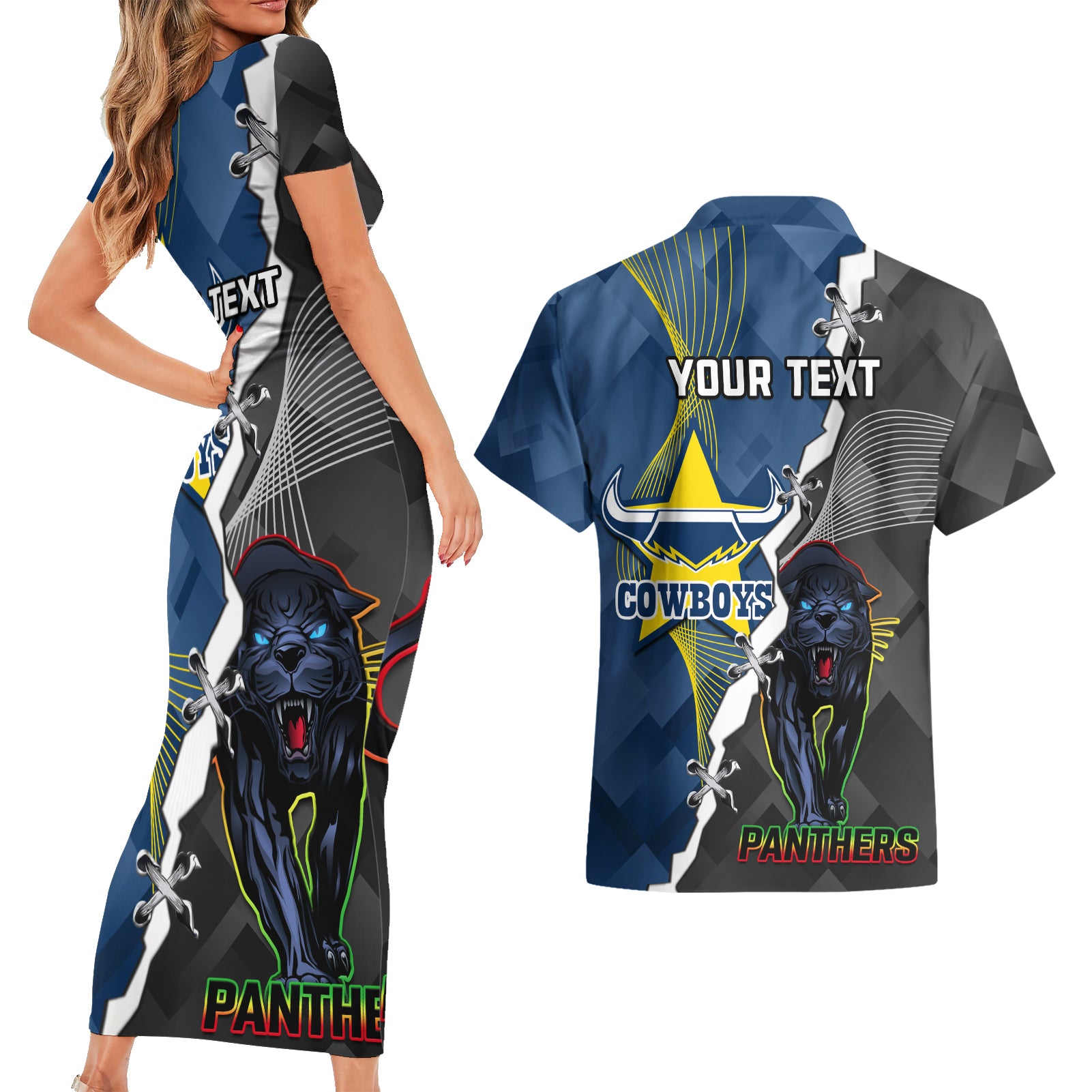 personalised-panthers-and-cowboys-rugby-couples-matching-short-sleeve-bodycon-dress-and-hawaiian-shirt-sporty-version