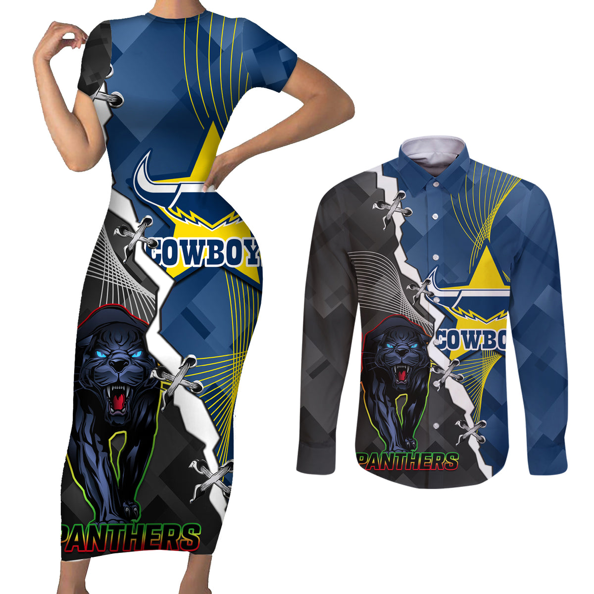 personalised-panthers-and-cowboys-rugby-couples-matching-short-sleeve-bodycon-dress-and-long-sleeve-button-shirts-sporty-version