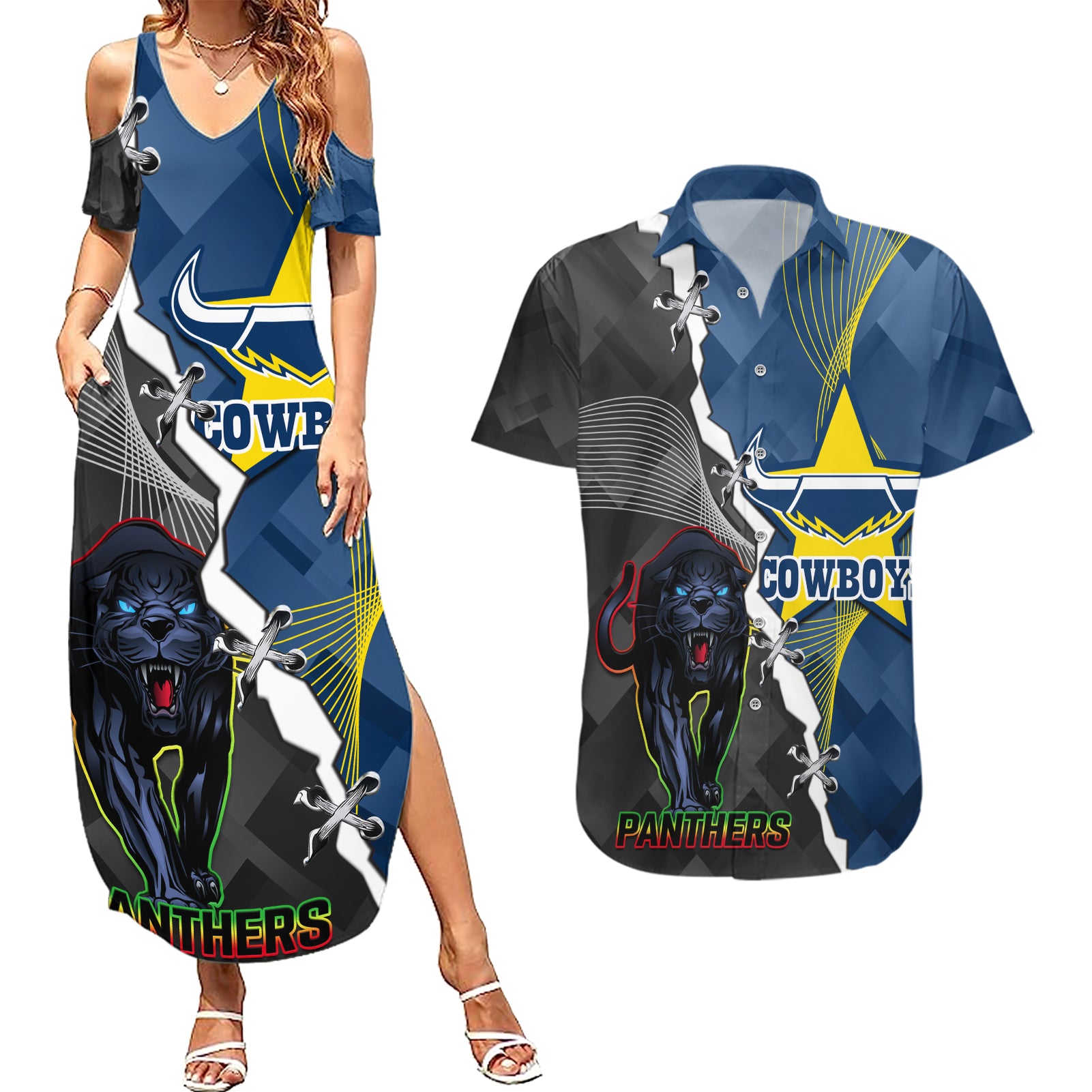 personalised-panthers-and-cowboys-rugby-couples-matching-summer-maxi-dress-and-hawaiian-shirt-sporty-version
