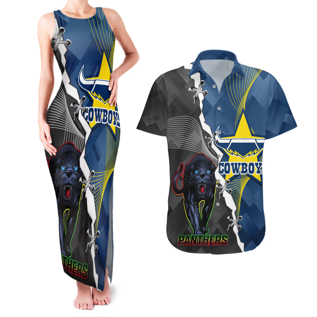 personalised-panthers-and-cowboys-rugby-couples-matching-tank-maxi-dress-and-hawaiian-shirt-sporty-version