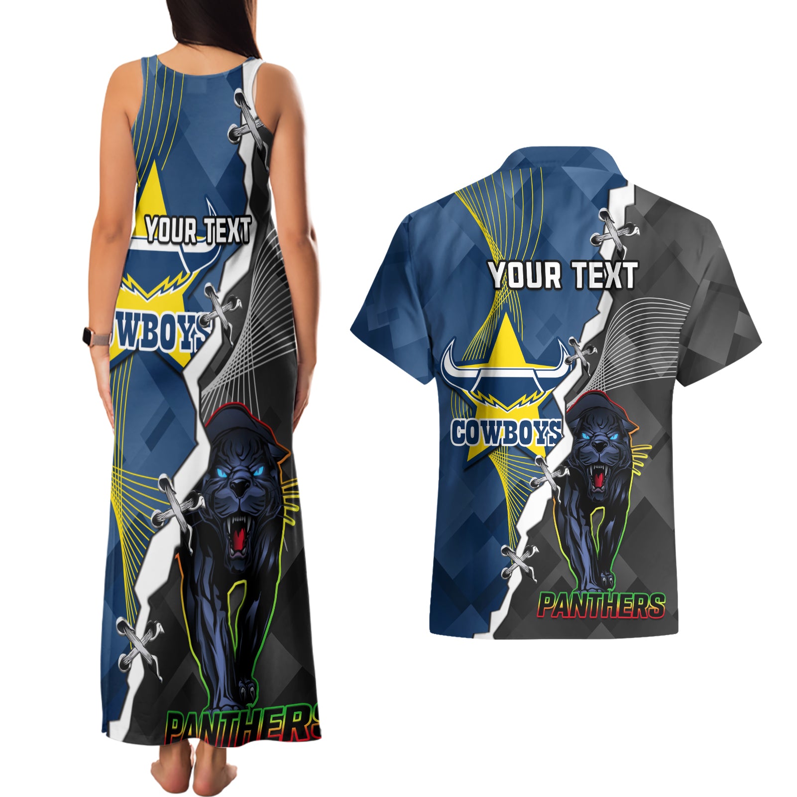 personalised-panthers-and-cowboys-rugby-couples-matching-tank-maxi-dress-and-hawaiian-shirt-sporty-version
