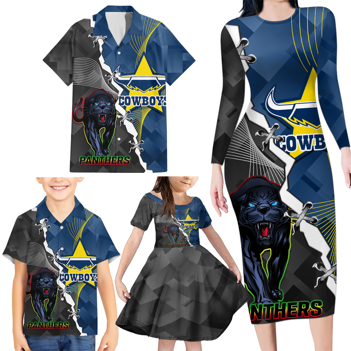 personalised-panthers-and-cowboys-rugby-family-matching-long-sleeve-bodycon-dress-and-hawaiian-shirt-sporty-version