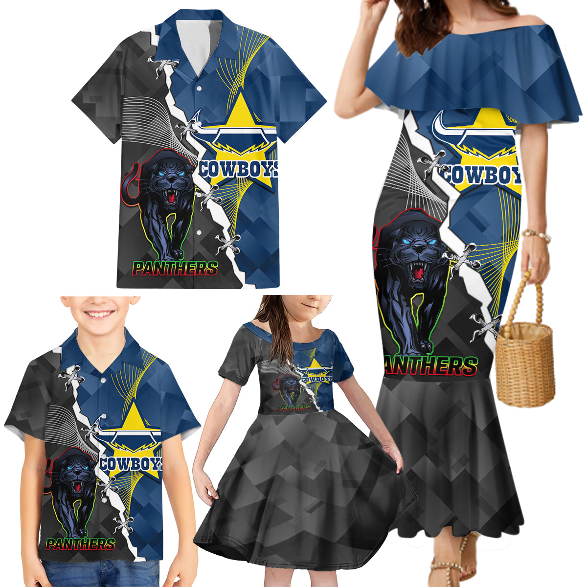 personalised-panthers-and-cowboys-rugby-family-matching-mermaid-dress-and-hawaiian-shirt-sporty-version