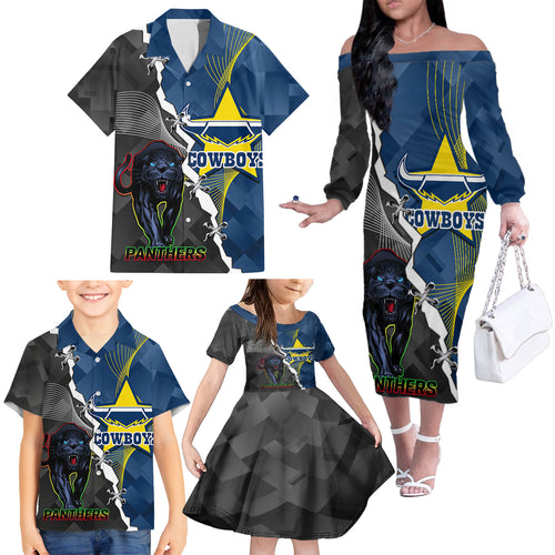 personalised-panthers-and-cowboys-rugby-family-matching-off-shoulder-long-sleeve-dress-and-hawaiian-shirt-sporty-version