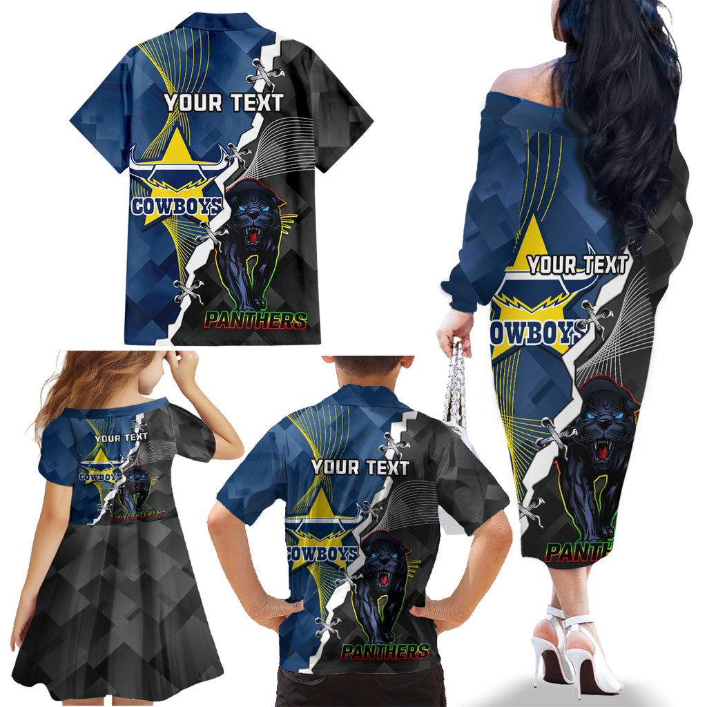 personalised-panthers-and-cowboys-rugby-family-matching-off-shoulder-long-sleeve-dress-and-hawaiian-shirt-sporty-version