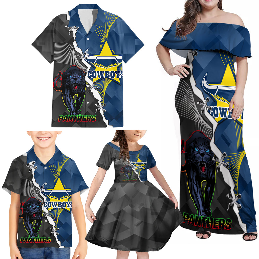 personalised-panthers-and-cowboys-rugby-family-matching-off-shoulder-maxi-dress-and-hawaiian-shirt-sporty-version