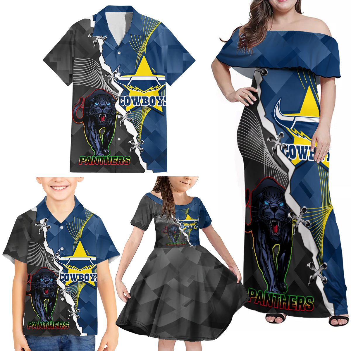 personalised-panthers-and-cowboys-rugby-family-matching-off-shoulder-maxi-dress-and-hawaiian-shirt-sporty-version