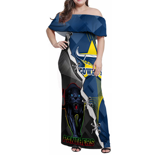 personalised-panthers-and-cowboys-rugby-family-matching-off-shoulder-maxi-dress-and-hawaiian-shirt-sporty-version