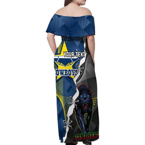 personalised-panthers-and-cowboys-rugby-family-matching-off-shoulder-maxi-dress-and-hawaiian-shirt-sporty-version
