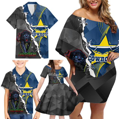 personalised-panthers-and-cowboys-rugby-family-matching-off-shoulder-short-dress-and-hawaiian-shirt-sporty-version