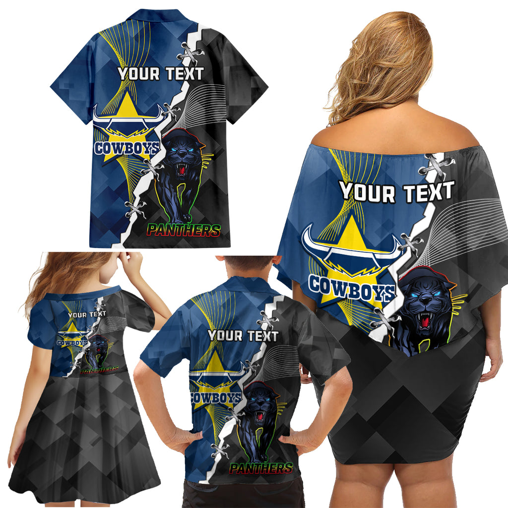 personalised-panthers-and-cowboys-rugby-family-matching-off-shoulder-short-dress-and-hawaiian-shirt-sporty-version