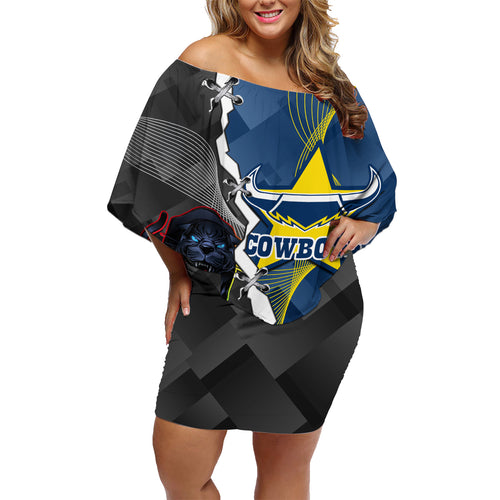personalised-panthers-and-cowboys-rugby-family-matching-off-shoulder-short-dress-and-hawaiian-shirt-sporty-version