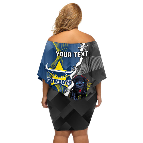 personalised-panthers-and-cowboys-rugby-family-matching-off-shoulder-short-dress-and-hawaiian-shirt-sporty-version