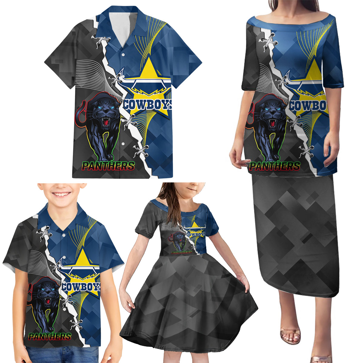 personalised-panthers-and-cowboys-rugby-family-matching-puletasi-dress-and-hawaiian-shirt-sporty-version