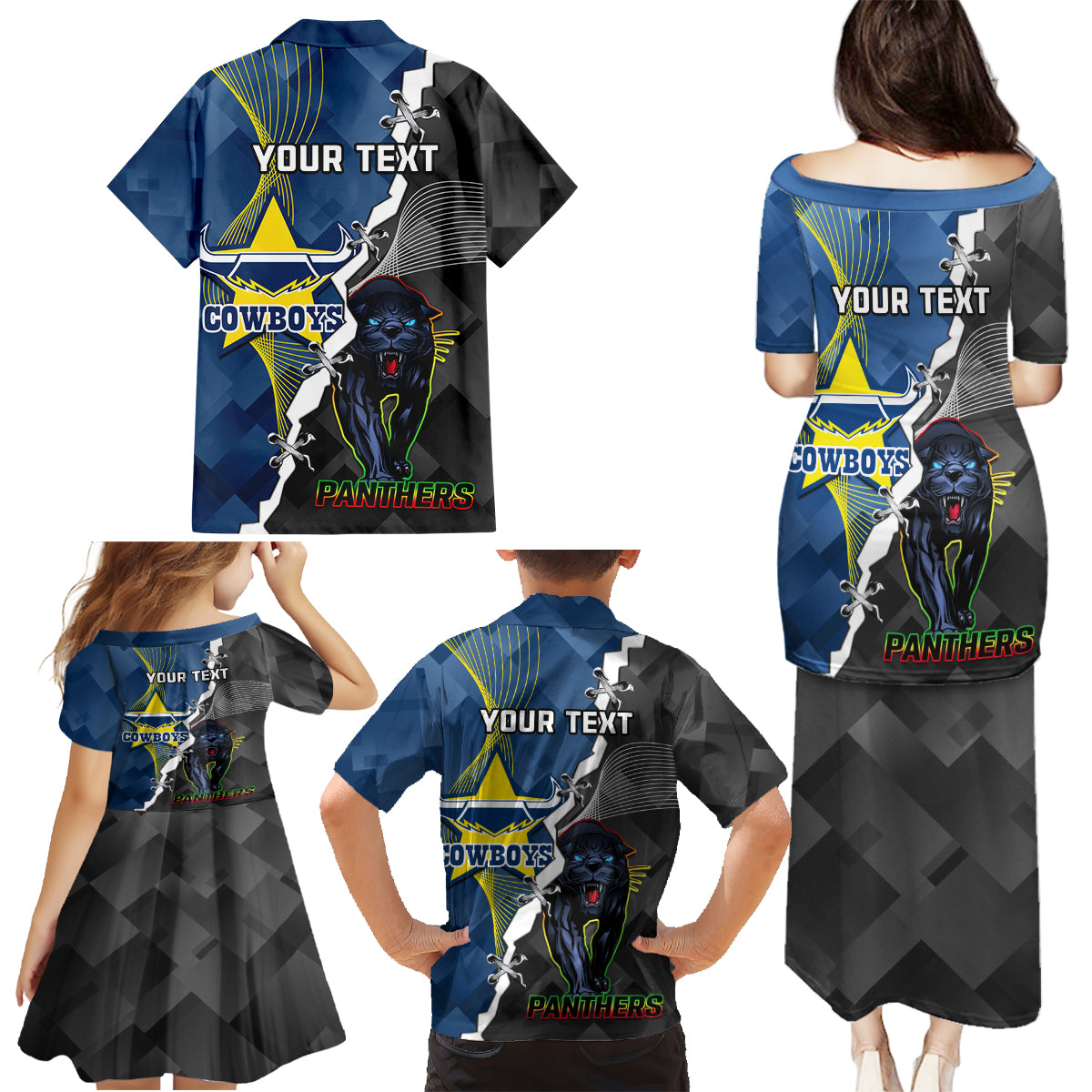 personalised-panthers-and-cowboys-rugby-family-matching-puletasi-dress-and-hawaiian-shirt-sporty-version