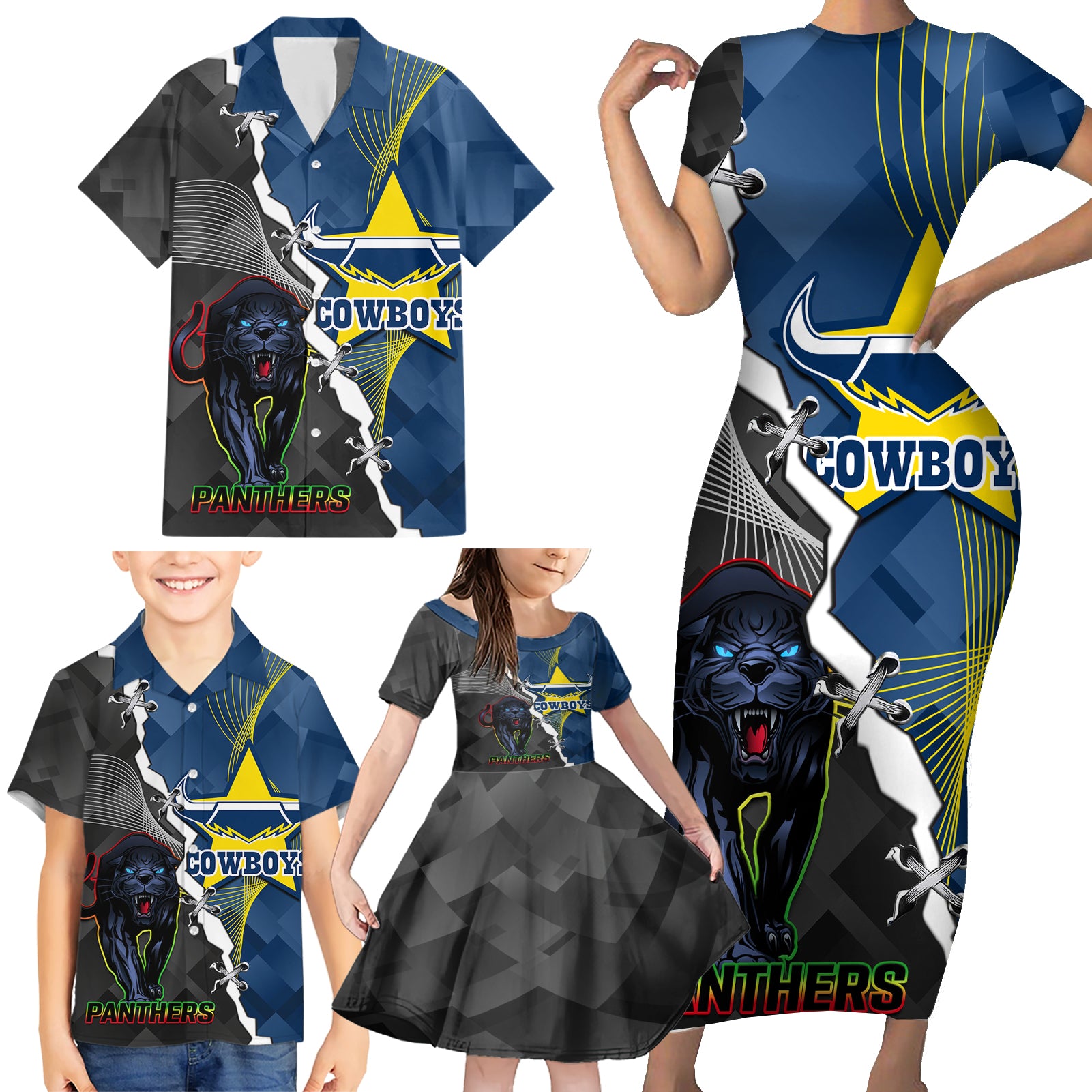 personalised-panthers-and-cowboys-rugby-family-matching-short-sleeve-bodycon-dress-and-hawaiian-shirt-sporty-version