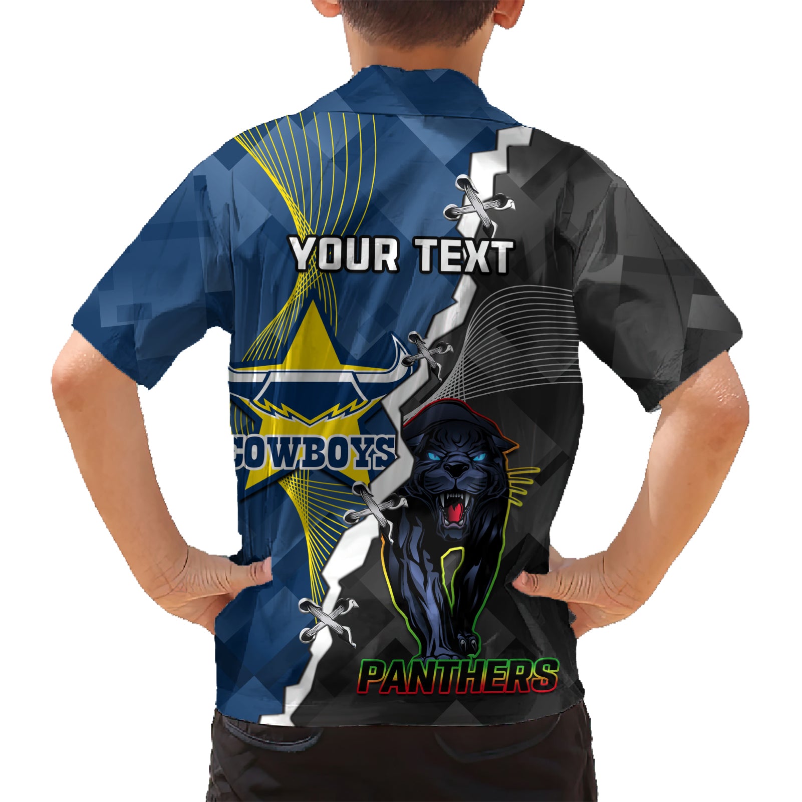 personalised-panthers-and-cowboys-rugby-family-matching-short-sleeve-bodycon-dress-and-hawaiian-shirt-sporty-version