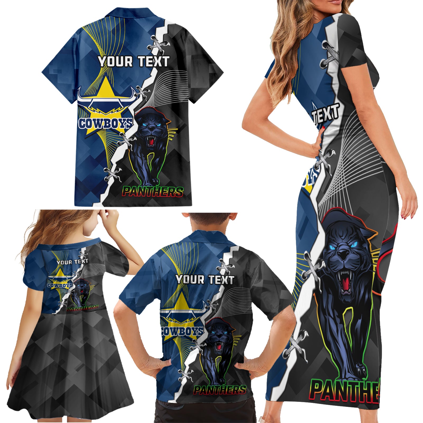 personalised-panthers-and-cowboys-rugby-family-matching-short-sleeve-bodycon-dress-and-hawaiian-shirt-sporty-version